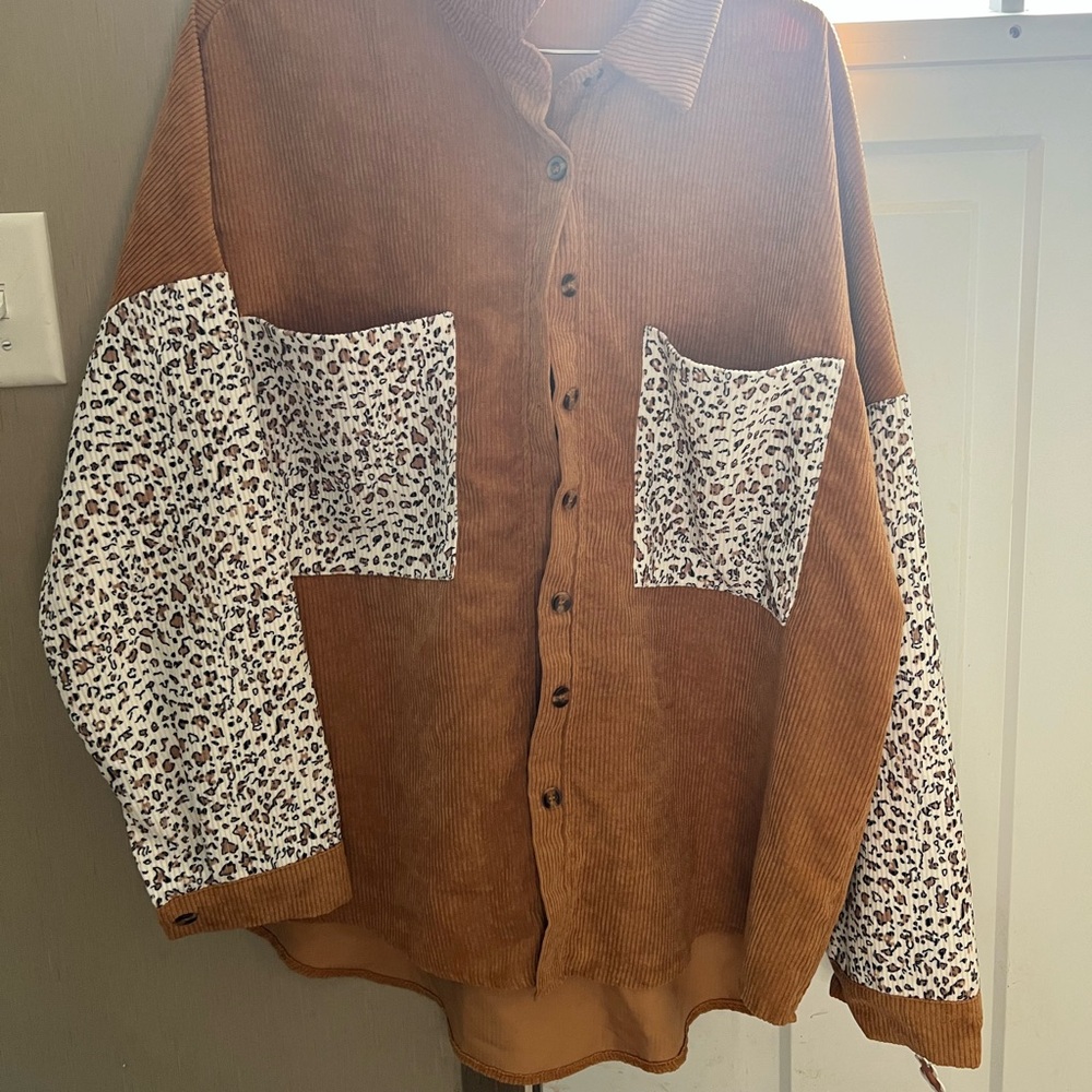 Over sized Brown Corduroy Shirt with Leopard Print Pockets